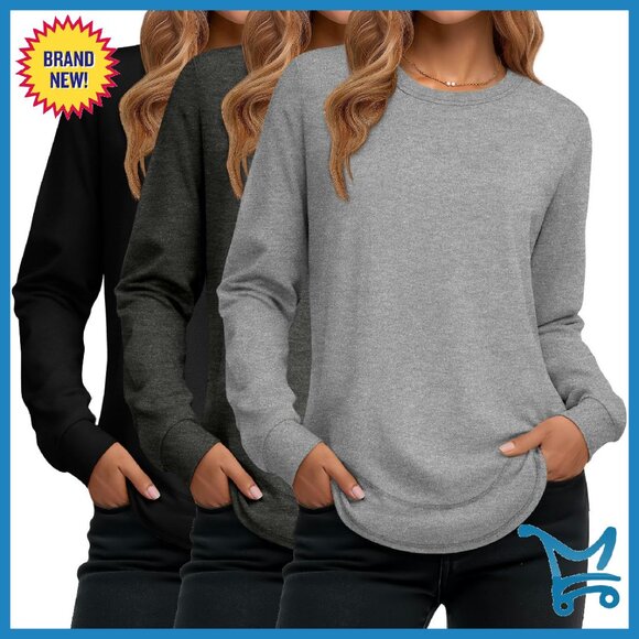 Long Sleeve Cotton Crew Neck Tunic Top Loose Fit Pullover Sweatshirt